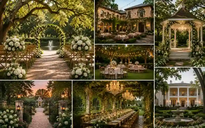 Outdoor garden and estate wedding venues in Houston featuring elegant ceremony arches, luxury garden receptions, estate courtyards, string lighting, and romantic outdoor wedding settings surrounded by lush greenery